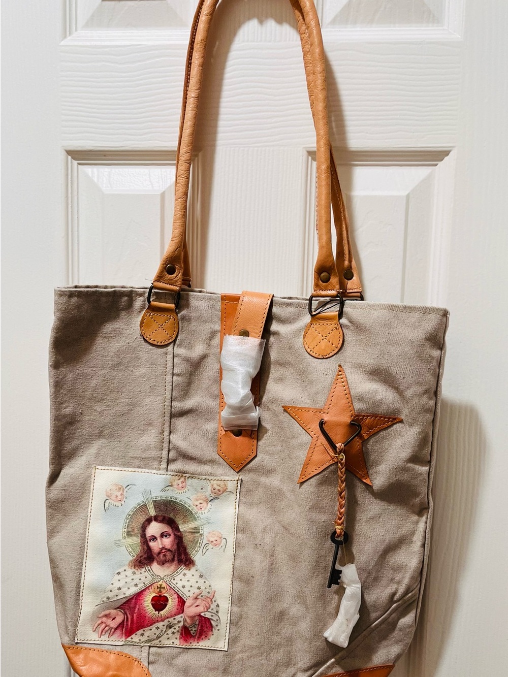 Canvas Tote with Tan Leather Accents and Applique Artwork